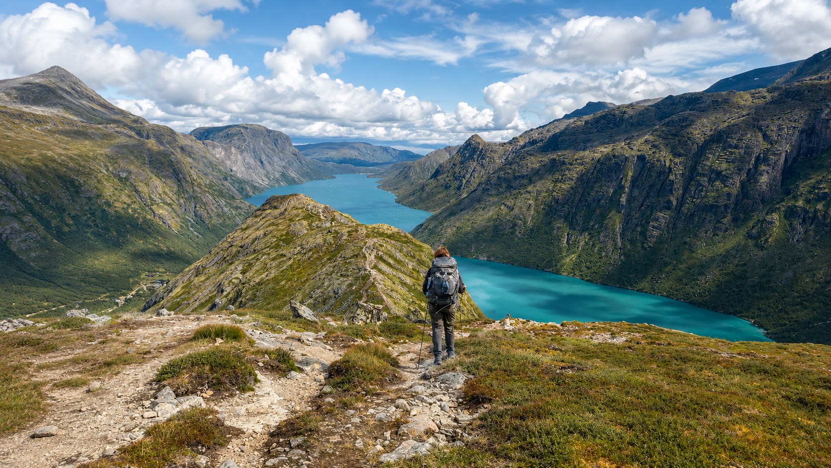 Trekker met rugzak boven het Gjendemeer in Jotunheimen, Noorwegen